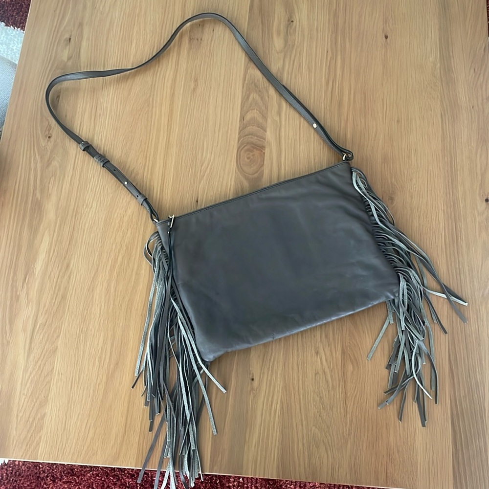 Gray leather Banana Republic crossbody bag with fringe